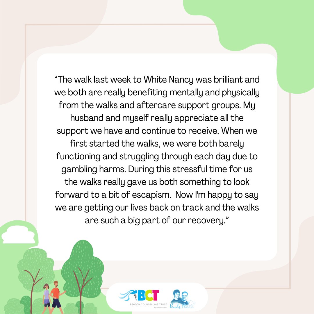 What lovely feedback from a couple who attended our Trek Therapy aftercare support group last week. We are so pleased to hear service users are benefiting from the aftercare groups, as part of their long term recovery and we look forward to future walks. #aftercare #gamblingharms