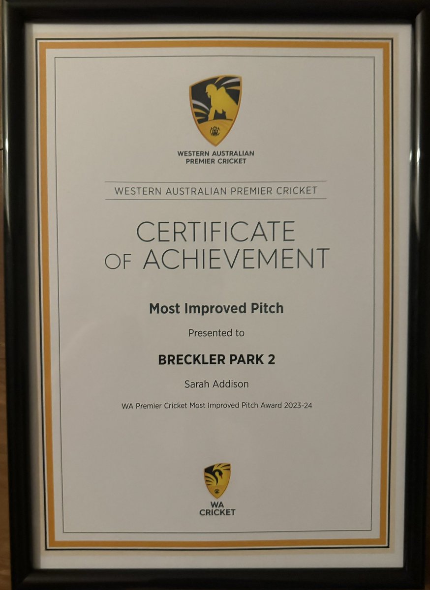 addosand's tweet photo. After moving to Breckler (Mount Lawley District Cricket Club).it's great to have won the WA Premier Cricket Most Improved Pitch Award 2023-24. All that hard work and long hours during the season have paid off. https://t.co/Y5KBJbnHDY