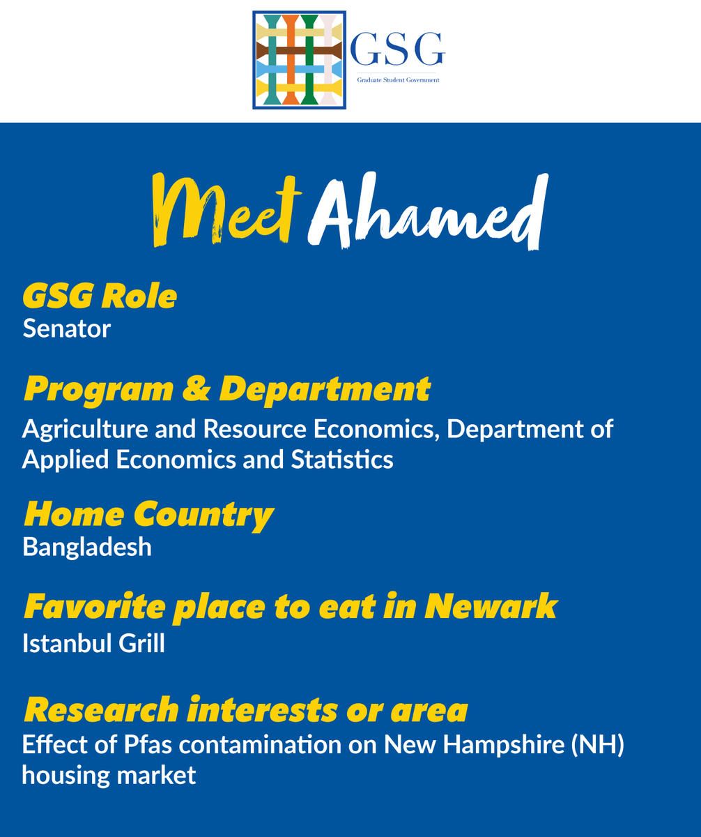 UD_GSG's tweet photo. Kicking off the week with the spotlight on Ahamed Zakaria from the Department of Applied Economics &amp; Statistics!
#senatorspotlightseries #udgsg https://t.co/cXBV9IwmFR