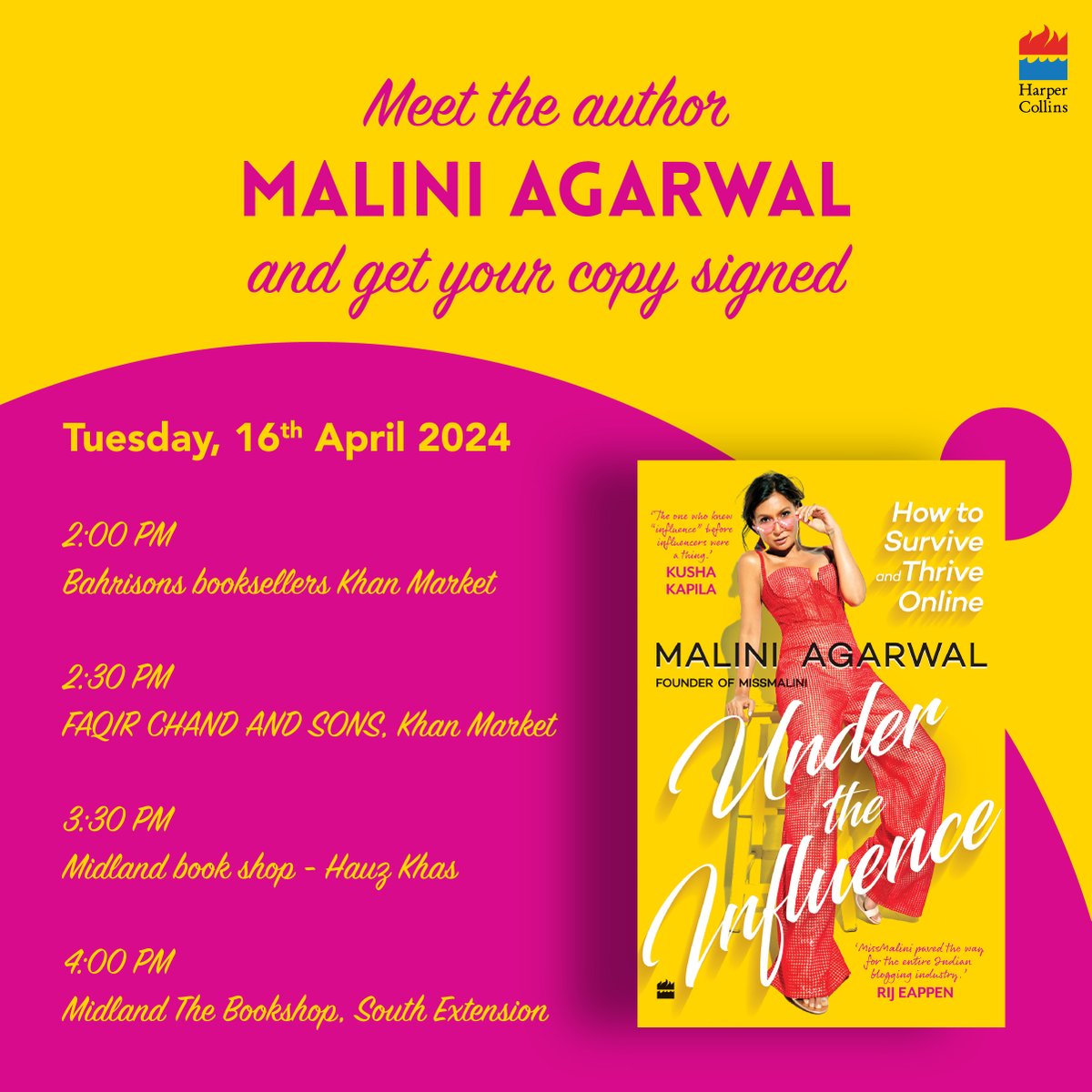 Delhi readers, meet @MissMalini at local bookstores in the city and get your own copy of her new book #UnderTheInfluence signed on 16th April.
@Bahrisons_books @faqirchandbooks @midlandbook @midlandsouthex