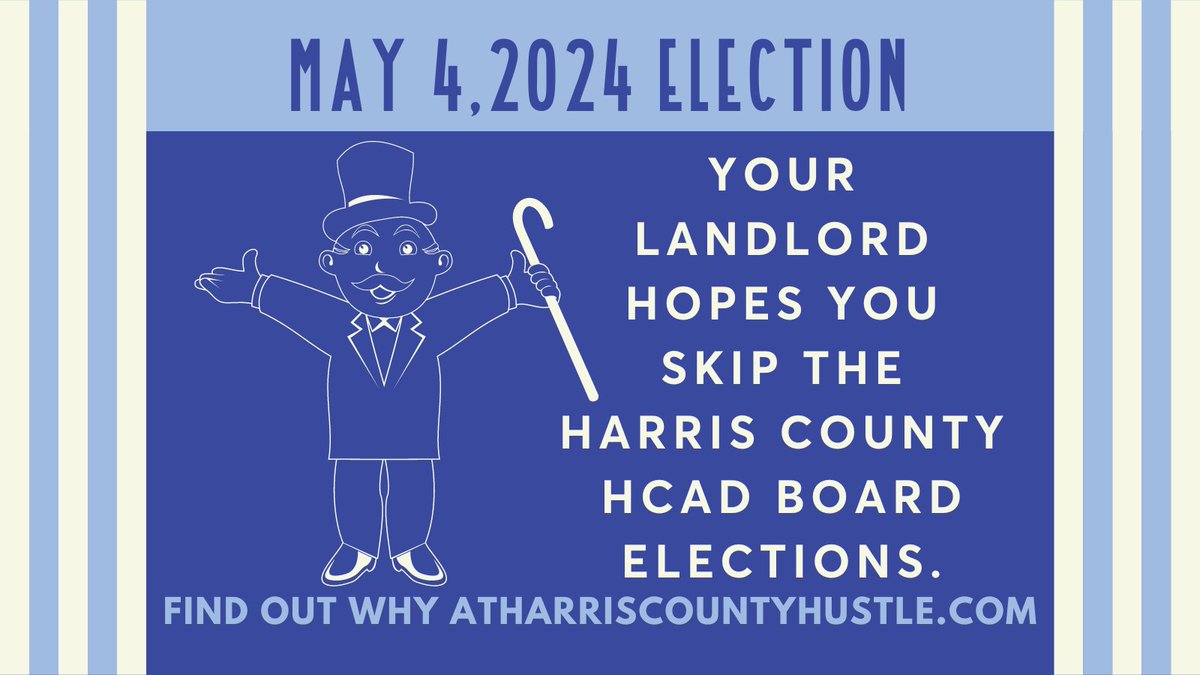 Your landlord hopes you skip the HCAD Board Elections in Houston & Harris County on May 4th. 
harriscountyhustle.com/2024/04/15/lan…
#HarrisCountyHustle #HouNews