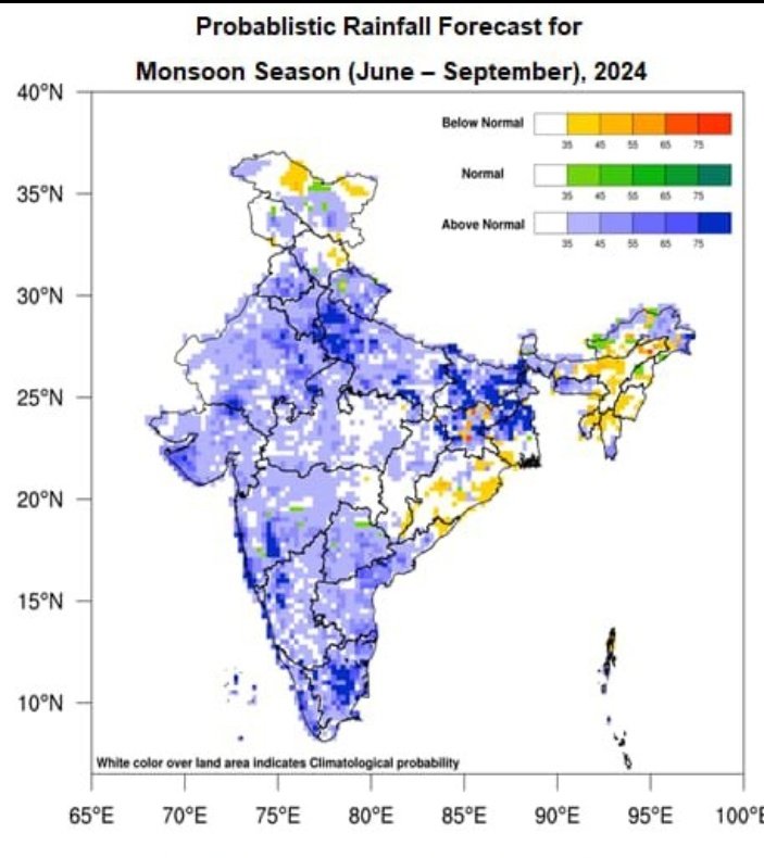 A Good News. 

<a href="/Indiametdept/">India Meteorological Department</a> predicted above normal monsoon (106% of LPA) during the 2024 season, due to emerging La Nina &amp; Positive Indian Ocean Dipole. 

But, we should expect more rainstorms, thus more heavy rains &amp; possible floods during the season. 

<a href="/ndmaindia/">NDMA India | राष्ट्रीय आपदा प्रबंधन प्राधिकरण 🇮🇳</a> <a href="/moesgoi/">MoES GoI</a>