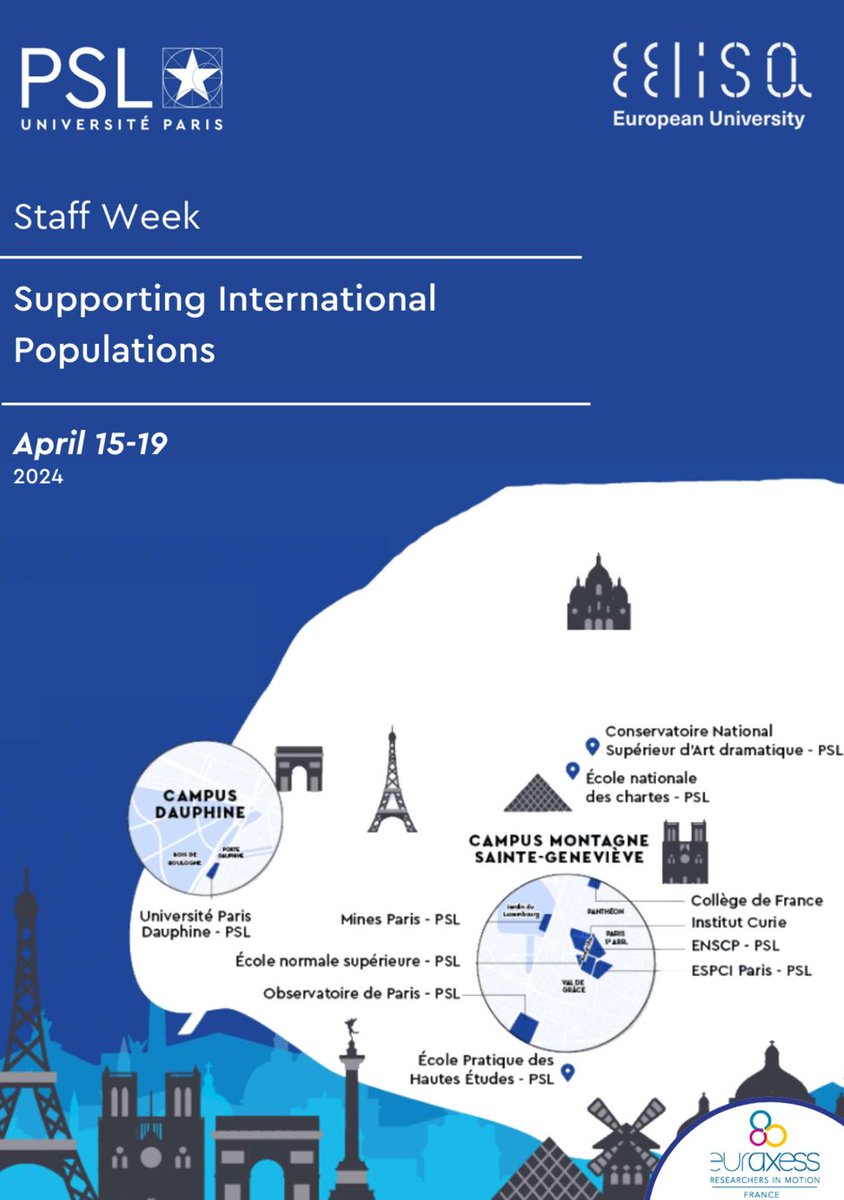 #StaffWeek 🇪🇺
Jusqu'au 19 avril, le @PSLWelcomeDesk accueille 40 actrices et acteurs européens de l'#ESR pour réfléchir collectivement aux pratiques d'intégration des étudiants internationaux.
@eelisa_eu
+ d'infos 👉staffmobility.eu/staffweek/supp…