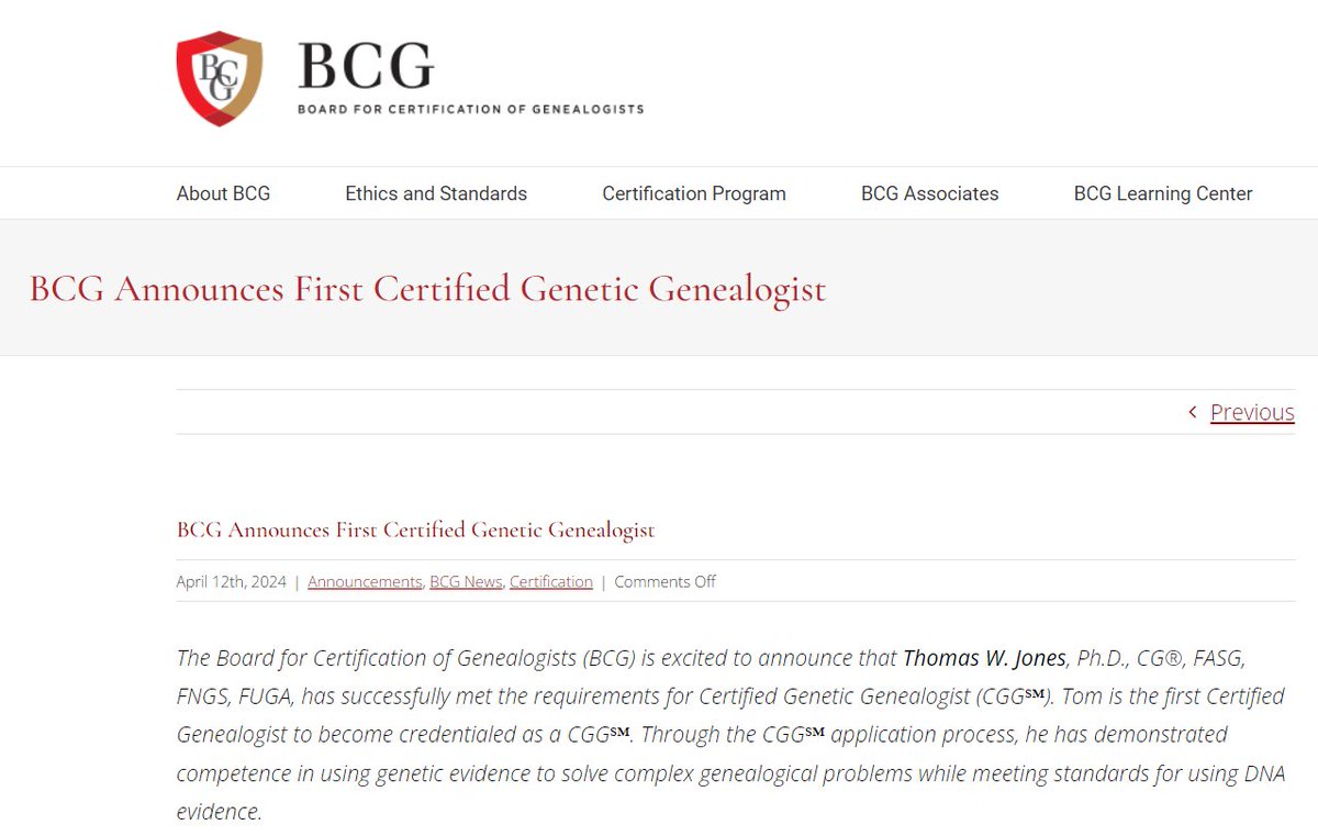 The Board for the Certification of Genealogists in the US has announced that Thomas Jones is the first person to receive the new Certified Genetic Genealogist credential. bcgcertification.org/bcg-first-cgg-… #Accreditation