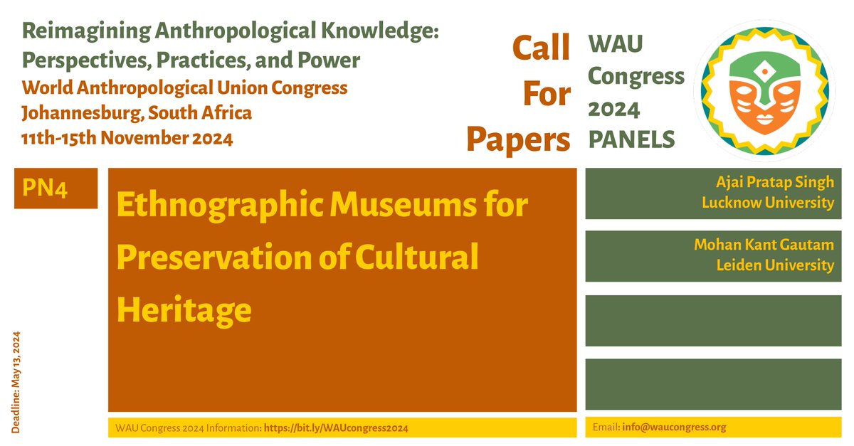 Call for Papers: PN4 Ethnographic Museums for Preservation of Cultural Heritage

Info: bit.ly/zqiA0Zf

World Anthropological Union (WAU) Congress 2024
#WAU2024
Info: bit.ly/WAUcongress2024