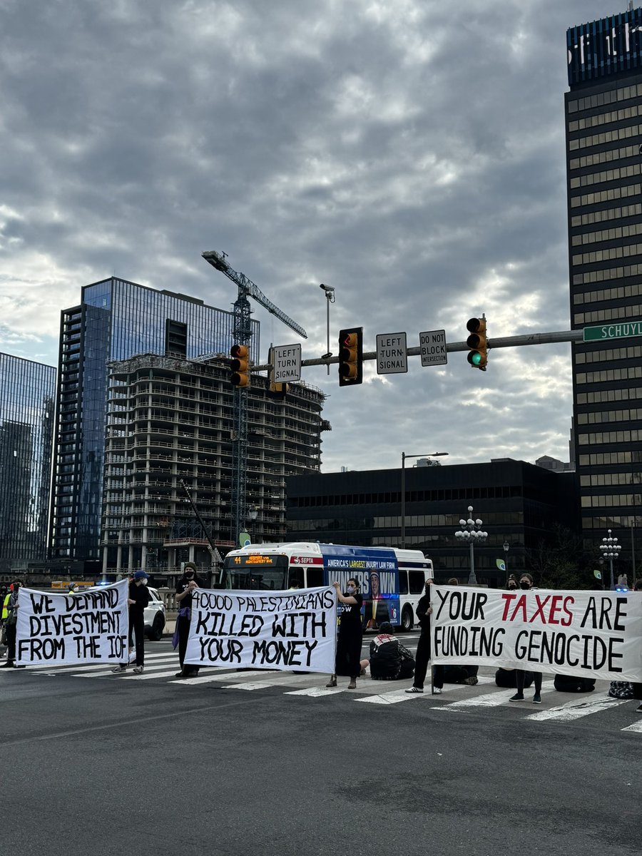 Philadelphia activists have shut down the main road in Center City demanding no more money for Israel’s crimes this Tax Day! #phillya15 #A15Actions