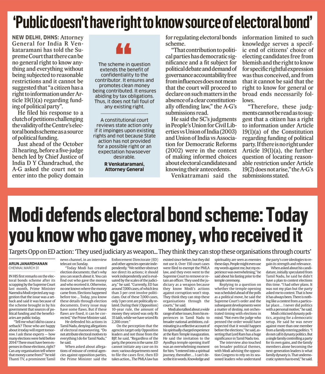 R Venkataramani, Attorney General of India on 30 October 2023: “Public doesn't have right to know source of electoral bond” Narendra Modi, Prime Minister of India on 30 March 2024: “Today you know who gave money, who received it” #ElectoralBondsScam