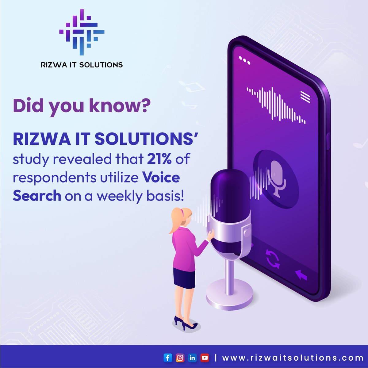 Opening bits of knowledge! As per Rizwa IT Arrangements, 21% of clients embrace Voice Search week after week. Remain ahead with the most recent tech patterns!
-
#VoiceSearchTrends #ITStudy  #RIS #DigitalInsights #TechSurvey #RizwaITSolutions #VoiceSearchUsage #TechStats