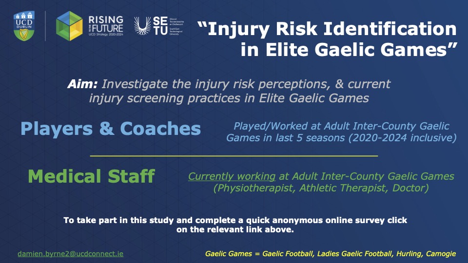 *Elite Gaelic Games Players, Coaches & Medical Staff* Tell us about your perceptions of injury risk & current injury screening practices. Fill out an anonymous online survey: Players: bit.ly/3VZfsjv Coaches: bit.ly/3xBtZrx Medical Staff: bit.ly/3UjVb7f