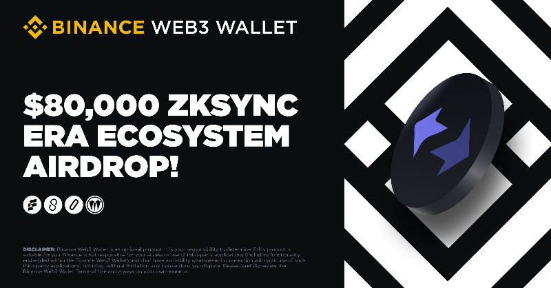 BinanceWallet's tweet photo. Introducing the latest #Binance Web3 Wallet airdrop! 🪂 

Claim a share of $80,000 in zkSync Era Ecosystem tokens when you embark on quests from various Dapps such as @lifiprotocol, @syncswap, @zerolendxyz, and @CryptoMazeApp.

Get started ⤵️