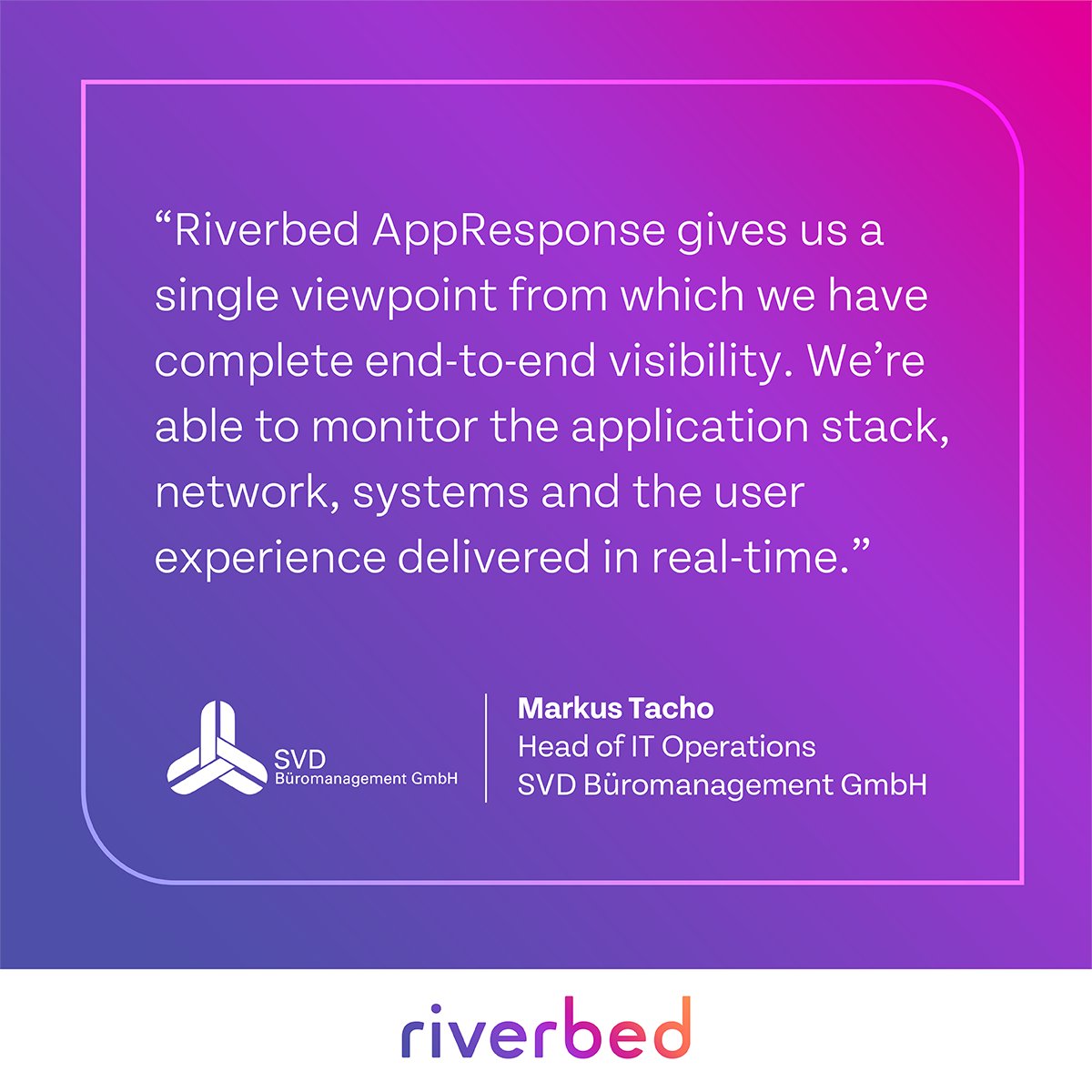 SVD Büromanagement GmbH improved its visibility into applications, networks and systems–completely transforming its #customerexperience! 🙌 Here’s how Riverbed AppResponse helped them in this journey: rvbd.ly/40dAj11  

#ApplicationPerformance #NetworkVisibility