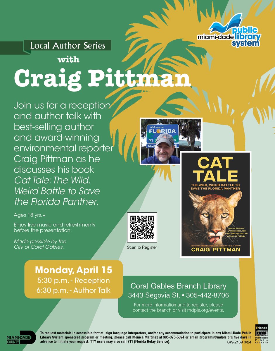 TODAY IN CORAL GABLES! Come to the library & hear me yak about #Florida panthers & my book CAT TALE! Reception at 5:30 & the book talk is at 6:30 pm. NO EMOTIONAL SUPPORT IGUANAS WILL BE ADMITTED. We don't want a repeat of what happened last time.