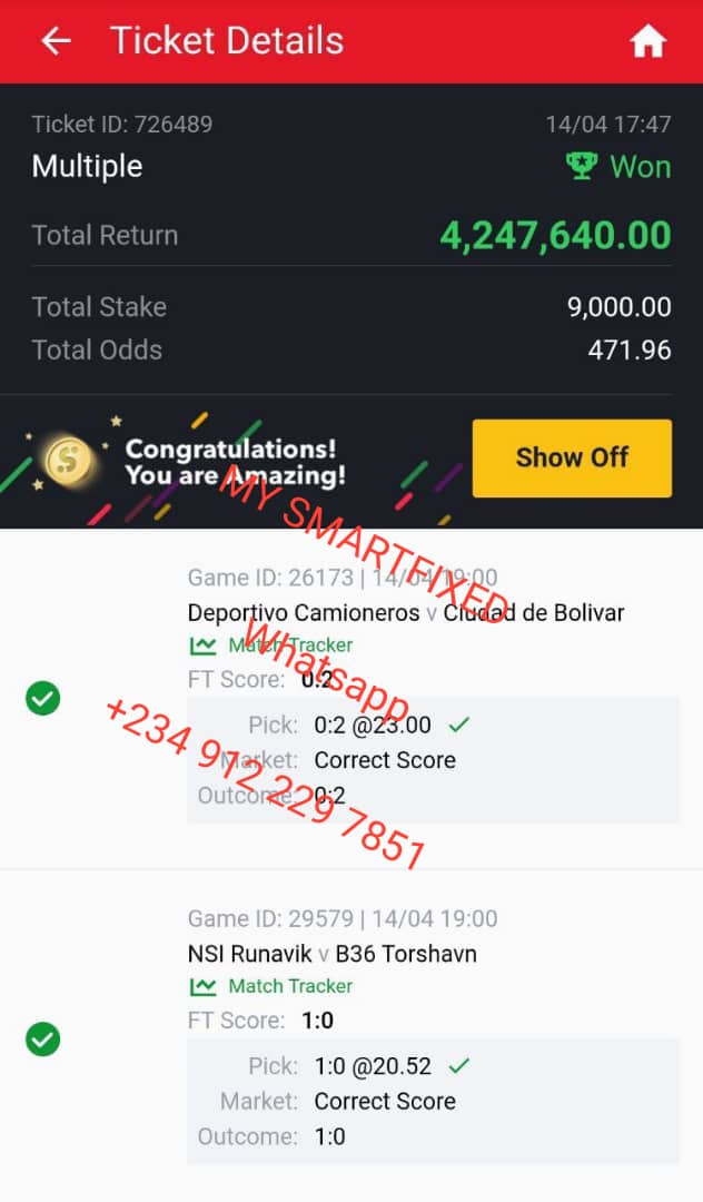 GUARANTEE You will be given another game if you demand or Your money will be refunded back to you immediately if something goes wrong. But be reminded we are still keeping our 100% Winning record. I sell 100% sure fixed matches not forecast or predictions