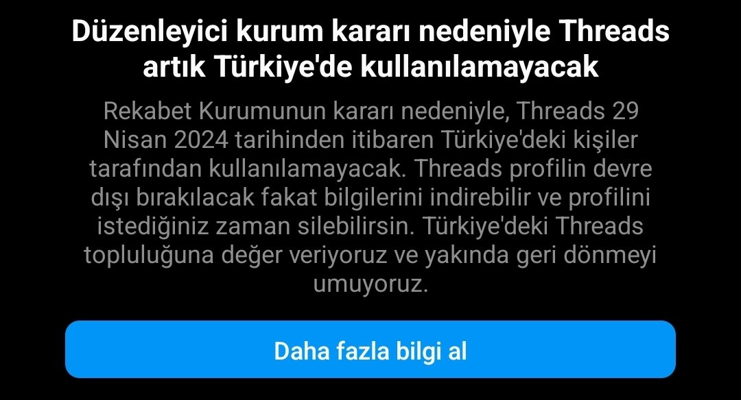 META inc. eski adıyla @facebook, X'e rakip olarak geliştirdiği #Threads isimli platformun Türkiye'deki faaliyetlerini 29 Nisan itibariyle durduracağını açıkladı. @Meta durdurma kararını, @RekabetKurumu nun günlük 4.8 milyon TL kararırından sonra verdi. İşte böyle, ya yasalara