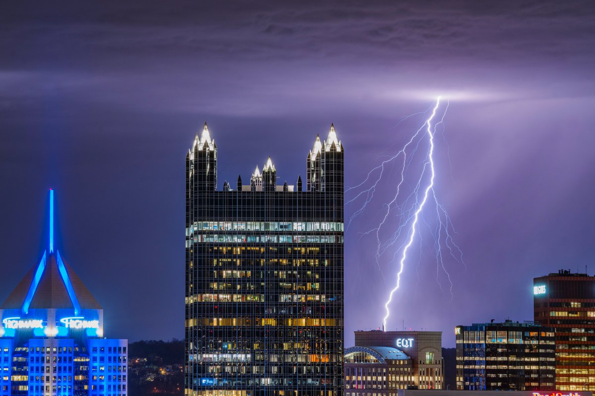 How about those storms in #Pittsburgh last night? It was nearly four straight hours of lightning in some direct, and while a lot was in the clouds, a ton of bolts found their way out as well. Lots of wide angles to share, but this telephoto of PPG Place is one of my favorites.