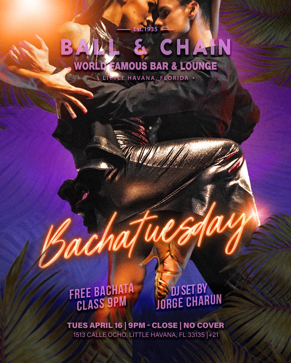 TODAY: #LiveMusic NOW to 9 p.m., #HappyHour 4 to 7, then #MamboMonday with DJ Rivera + a FREE #SalsaClass & #BachataClass, 9

TOMORROW: #Bachatuesday includes @DJJorgeCharun + a FREE #BachataLesson

#supportlocal ballandchainmiami.com
🍍💚