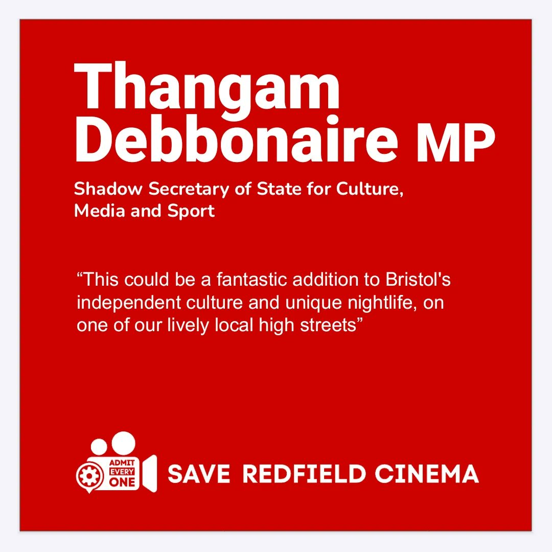 Thangam Debbonaire MP - Shadow Secretary of State for Culture, Media and Sport.

“This could be a fantastic addition to Bristol's independent culture and unique nightlife, on one of our lively local high streets”

#saveredfieldcinema @ThangamMP
