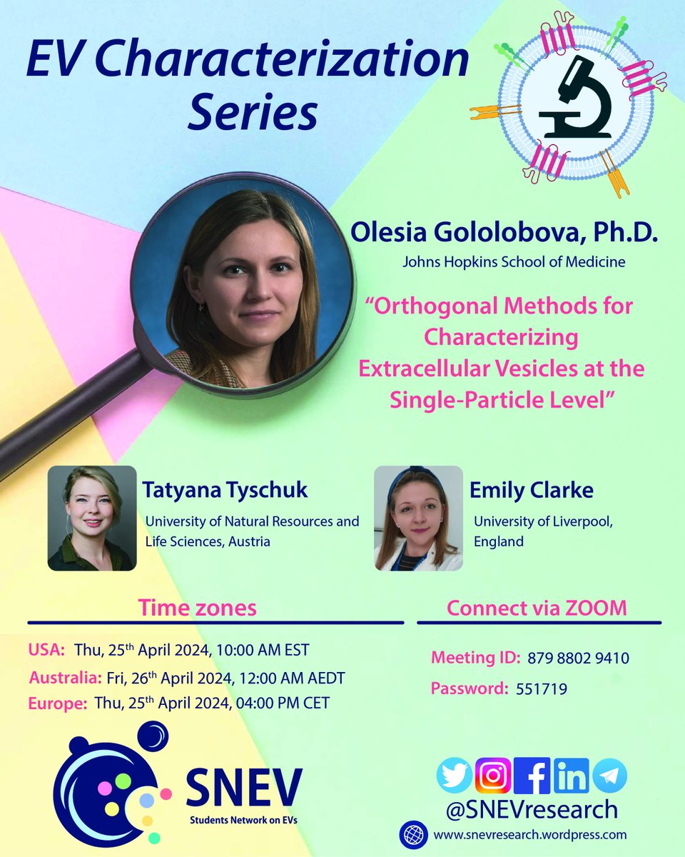 This April 25th, join us to hear @OlesiaPhd (@JohnsHopkins @LabWitwer) talk about innovative methods to characterise EVs at the single particle level! 🕒TimeZone: notime.zone/NvWeOD-tpWpD9 🎯Subscribe to SNEV mailing list: t.ly/vUY9g