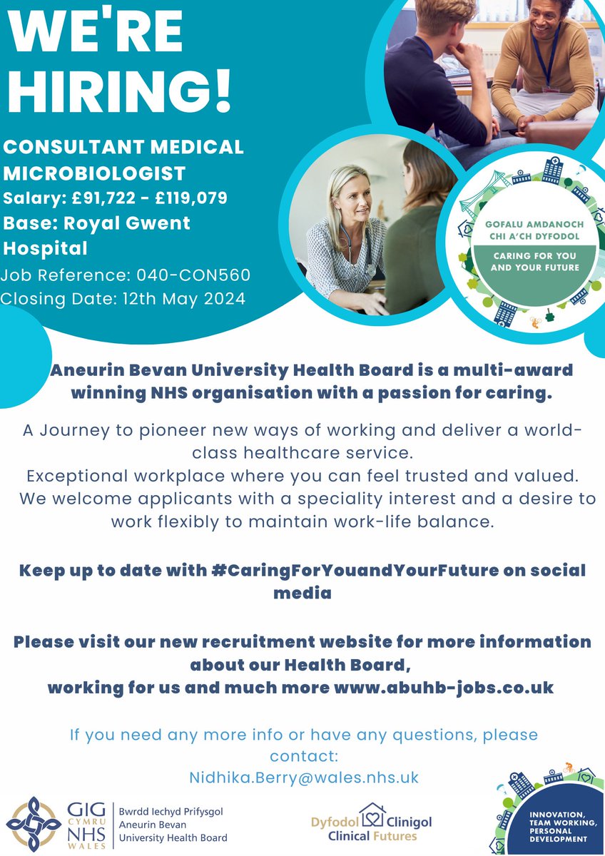We are Recruiting! Consultant Medical Microbiologist Are you interested? Apply today: healthjobsuk.com/job/UK/Newport… Closing date: 12th May 2024 Job Ref: 040-CON560 #ABUHB #Consultant #Medical #Microbiologist #NHSWales #NHSJobs #hiring