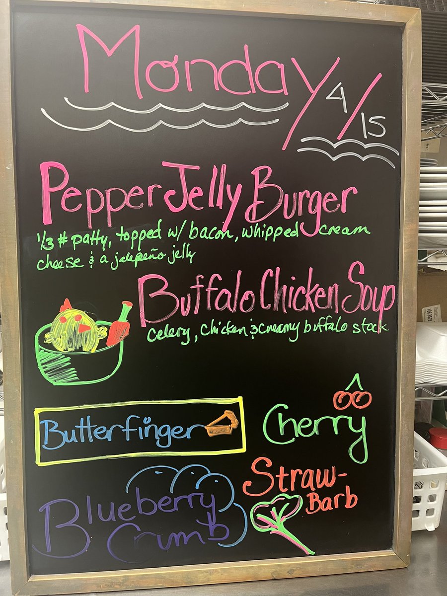 Happy Monday!
Pepperjelly Burger today with Buffalo Chicken for soup. Strawbarb and Butterfinger pies today while they last.
Have a wonderful day friends!

#newmangrove #eatlocal #shopsmall #saveyourforktherespie
