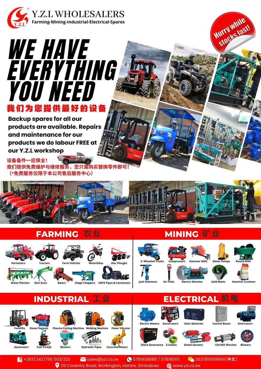 YWholesalers's tweet photo. 😃WIDE RANGE OF FARMING, MINING, INDUSTRIAL &amp; ELECTRICAL EQUIPMENT AT Y.Z.L WHOLESALERS‼

#yzlwholesalers #farming #mining #industrial #electrical #farmingzimbabwe #tractors #YTO #farmimplements #forkllifts #engines #changchai #hanzel #hangcha #waterpumps #electricmotors #HDPE https://t.co/p2XIOxCFdH