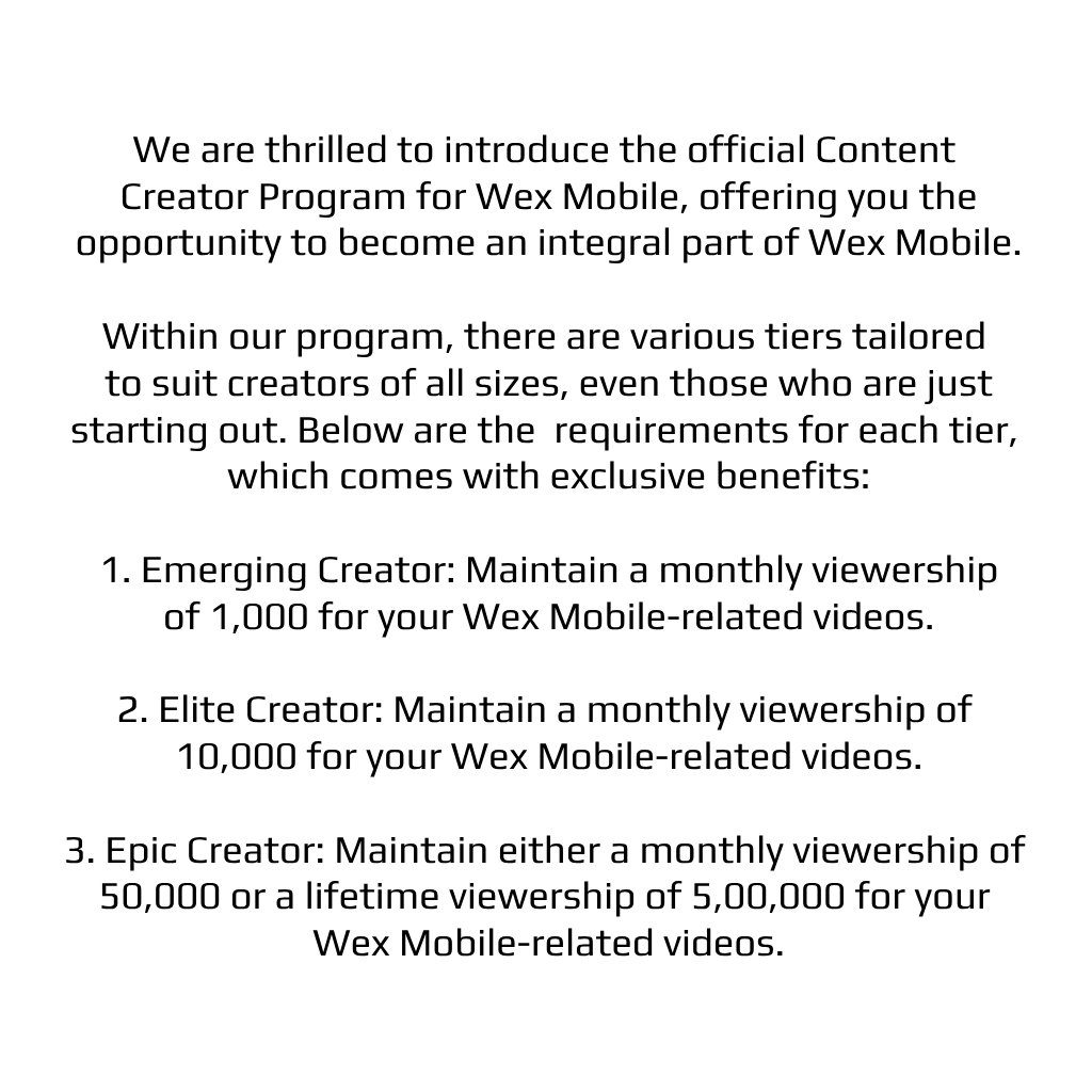 WEXMOBILE's tweet photo. Introducing the official Content Creator Program of Wex Mobile! 

Join our Discord now: https://t.co/qzRzb92LPh https://t.co/5OZXueIRLb