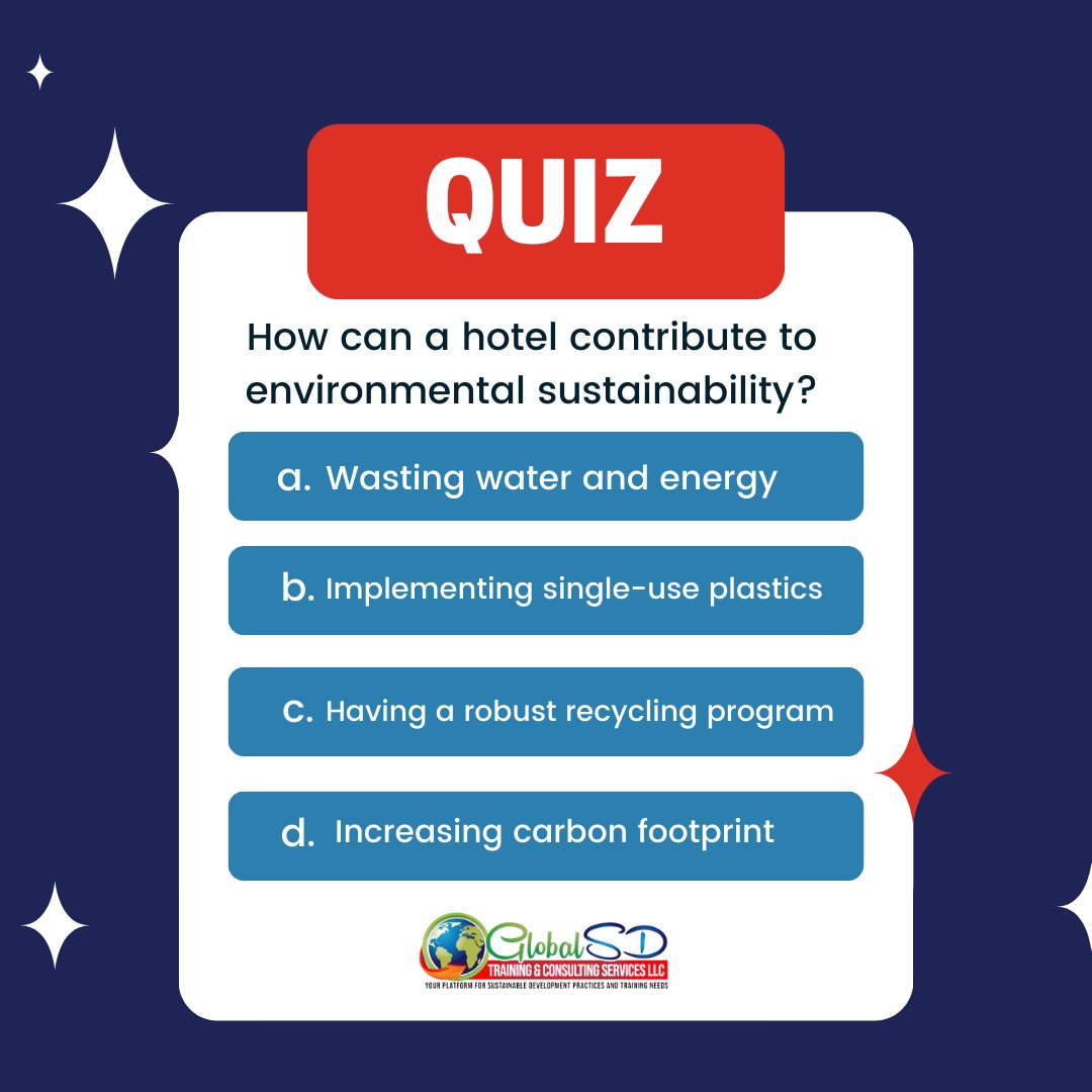 How can a hotel contribute to environmental sustainability?
Comment below your response.
.
.
.
#SustainableHotels #GreenHospitality #EnvironmentalConservation #ReduceReuseRecycle #EcoFriendlyTravel #GoGreen #SustainabilityMatters #ConsciousTravel #GreenInitiatives #QuizTime
