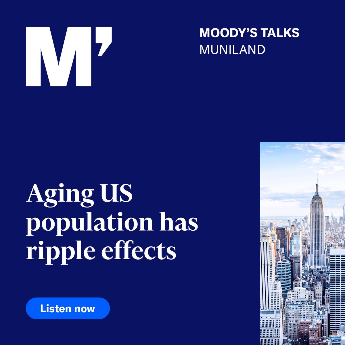 The proportion of people in the US over 65 is projected to rise to 21% by 2030, nearly twice the level in 2000. What does this mean for local governments, the labor market, and the health sector? Listen here to find out: mdy.link/3VXlyRq #Podcast #MoodysTalks