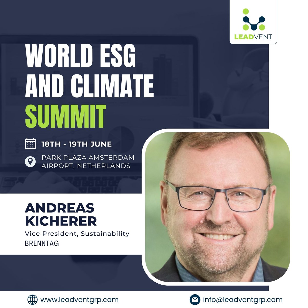 Excited to introduce Andreas Kicherer. He is the Vice President of Sustainability at Brenntag.

Obtain a pass - bit.ly/3QaaYU7

#sustainability #ESGconcerns #NetZero #Renewableenergy #Greenpolicies #Sustainablefuture #Innovation #Climatesolutions #Socialimpact