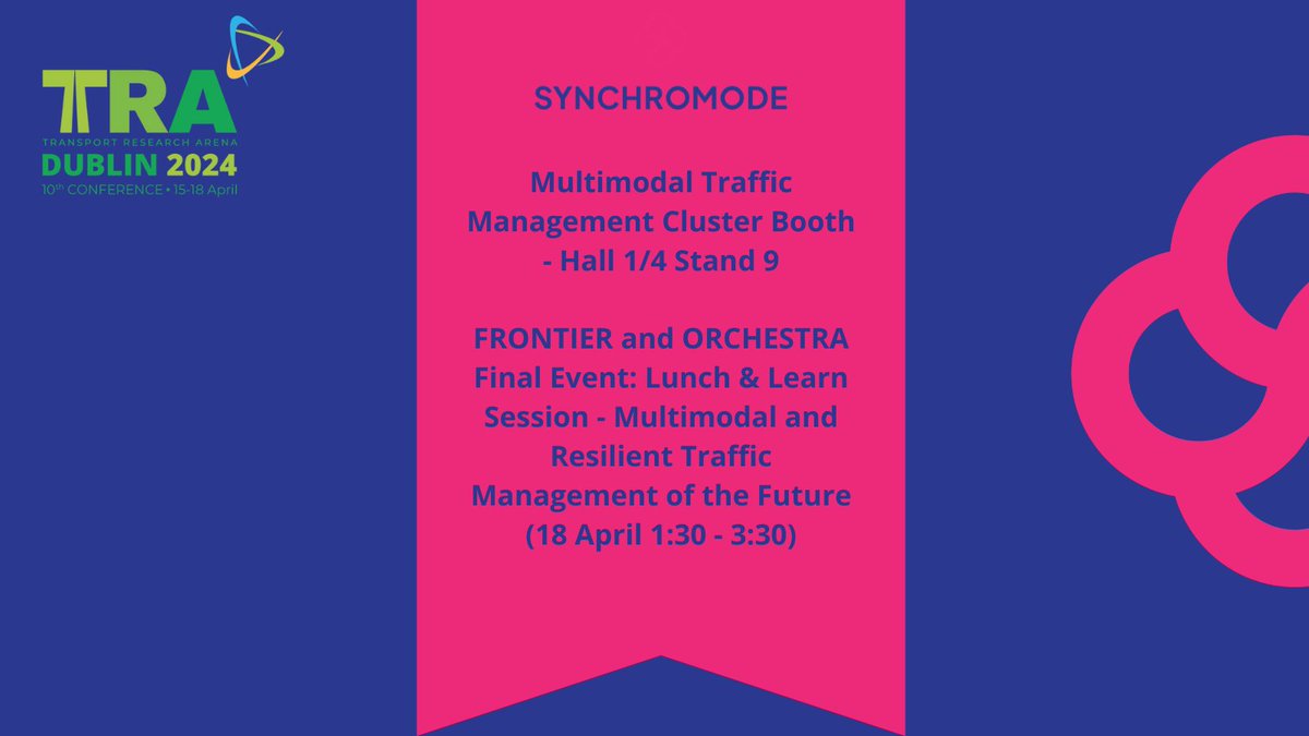 #TRA2024 has 𝗮𝗿𝗿𝗶𝘃𝗲𝗱!⏰ 

📷From 15-18 April, #MobilityProfessionals are meeting in #Dublin for the 10th biennial Transport Research Arena (TRA) Conference.

Meet with the #SYNCHROMODE team at Booth 9 💜