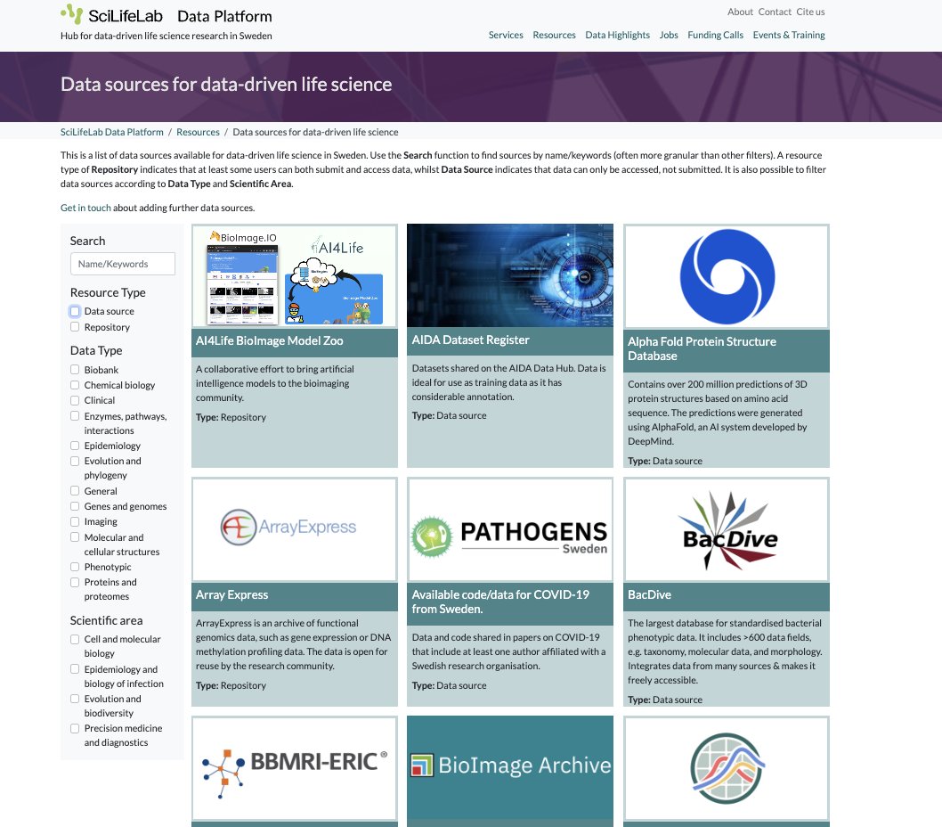 New section ‘Data Sources with over 80 resources has been added to the @scilifelab Data Platform. The resource lists sources of data that can be used by #datadriven #lifescience researchers in 🇸🇪. Get in touch about adding further data sources! data.scilifelab.se/resources//dat…