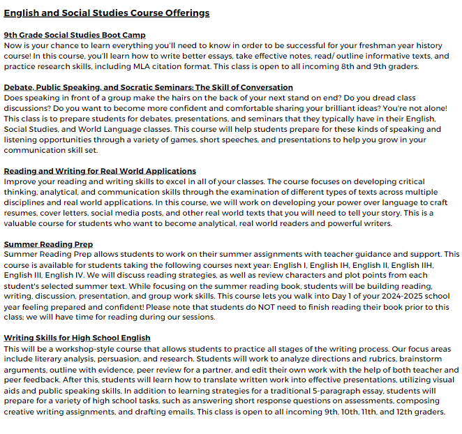 RFH is hosting a Summer Academy of enrichment classes, with many English and Social Studies course offerings! Get a head start this summer and be fully prepared for your classes next school year! <a href="/RFH_Regional/">Rumson-Fair Haven</a>