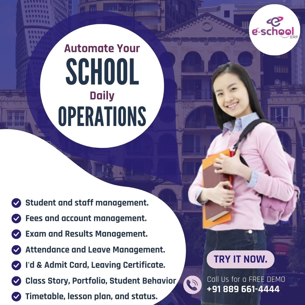 e_school_ERP's tweet photo. AUTOMATE YOUR SCHOOL DAILY OPERATIONS

✅ Student and staff management.
✅ Fees and account management.
✅ Exam and Results Management.
✅ Attendance and Leave Management.
✅ I'd &amp; Admit Card, Leaving Certificate.
✅ Timetable, lesson plan, and syllabus status. https://t.co/xiYt7QQohg