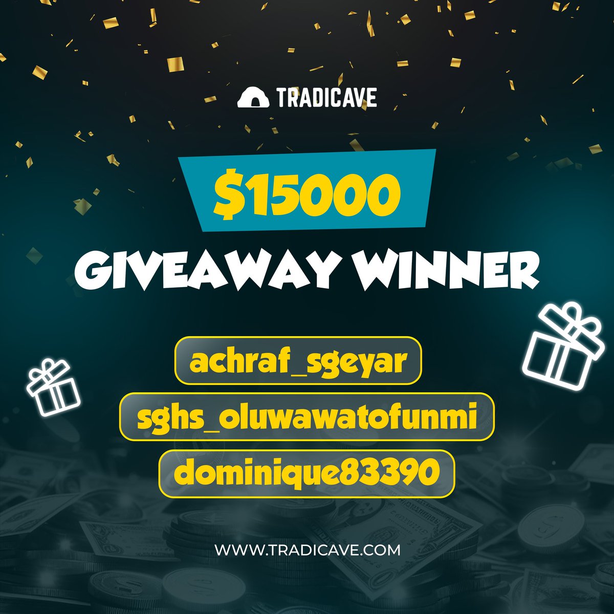 🎉Congratulations to our 3x $15k Account Winners🏆 1- @achraf_sgeyar 2- @sghs_oluwawatofunmi 3- @dominique83390 To claim the account dm us on Instagram.  #tradicave #propfirm #proptrading #propfirmtrader #forextrading #smc #moneymindset #financialfreedom #giveways