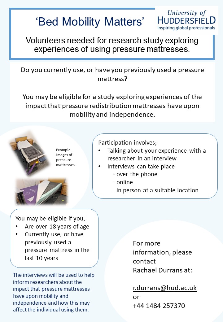 *Call for research participants* Do you currently use / have you used a pressure redistribution mattress? As part of a PhD Study the University of Huddersfield wants to know more about the impact they have upon mobility & independence. Get in touch! #socialcare @HuddersfieldUni