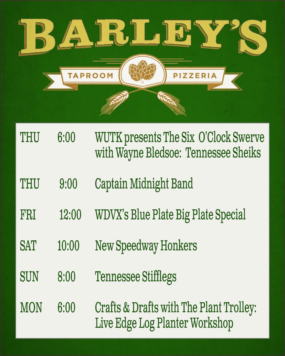 Happy Monday morning, #Knoxville!! We had a great weekend with you!! We've got another great lineup of live, local music on our stage this week! #BarleysKnoxville #OldCityKnox #KnoxvilleMusic