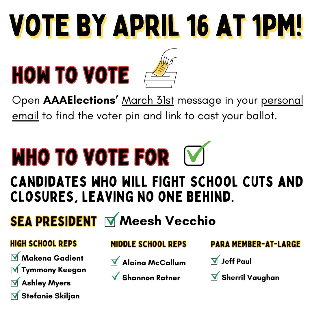 Your vote matters! Vote by Tuesday, April 16 at 1pm! To vote, open AAAElections' March 31st message in your personal email to find the voter pin and link to cast your ballot. Vote Meesh for SEA President!