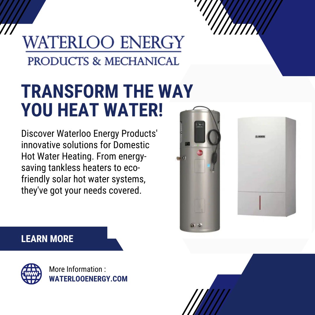 Transform the way you heat water! 💧 Discover Waterloo Energy Products' innovative solutions for Domestic Hot Water Heating. From energy-saving tankless heaters to eco-friendly solar hot water systems, they've got your needs covered. waterlooenergy.com/products/domes…