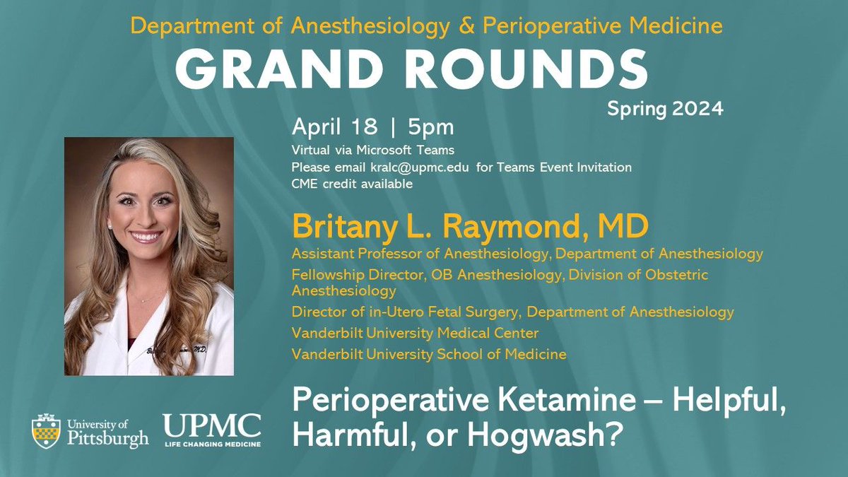 Grand Rounds on April 18 at 5:00pm: Dr. Britany Raymond will present “Perioperative Ketamine – Helpful, Harmful, or Hogwash?” 📅 Event details: buff.ly/49v3uBl