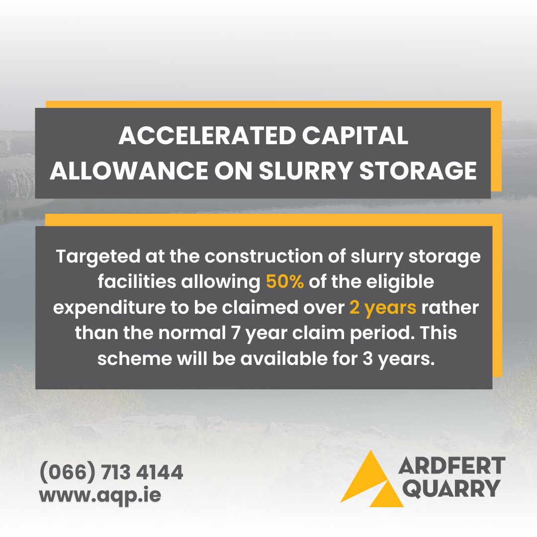 Accelerated capital allowance on slurry storage. 🚜 Rather than a 7 year claim period, expenditure can be claimed over a 2 year period.🤩 To find out more about accelerated capital allowance on slurry storage 👉bit.ly/3J8pQ0X #Slurry #ACA #SlurryStorage