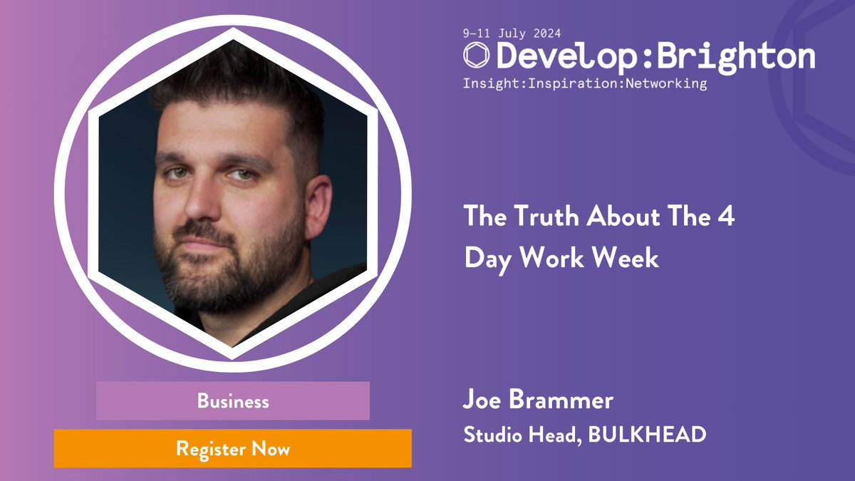 Don't miss Joe Brammer (@brammertron), CEO and Studio Lead of @bulkhead, in discussing the truth about the 4 Day Work Week. An essential panel for those looking to optimise workplace productivity. #DevelopConf