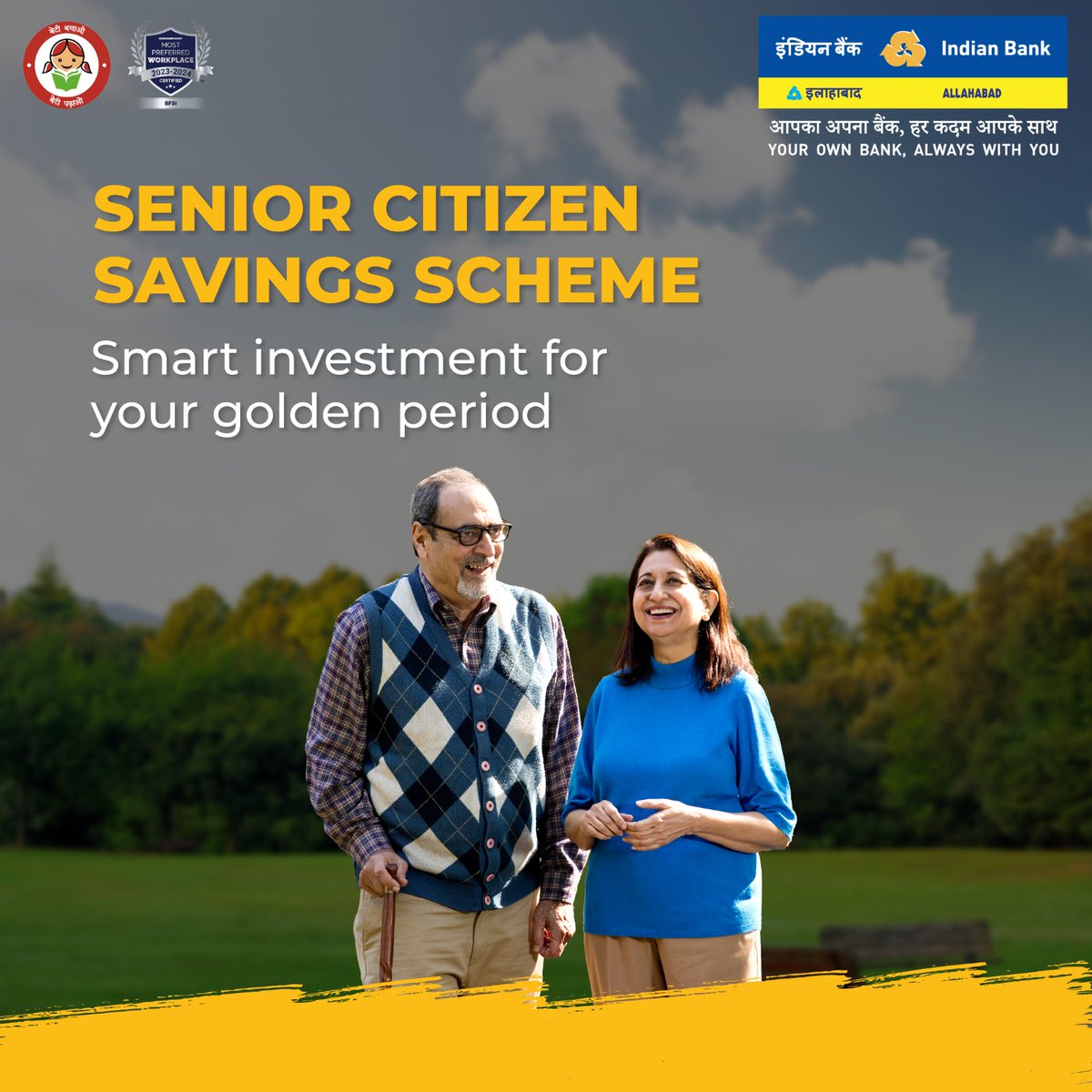 Ensure a peaceful retirement with Senior Citizen Savings Scheme, a Government-backed deposit scheme with returns at 8.20%p.a. Your golden years deserve nothing less.

T&C Apply!
#IndianBank 
@DFS_India