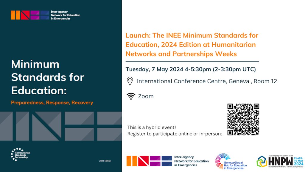 📢 INEE and the <a href="/EiEGenevaHub/">Geneva Global Hub for Education in Emergencies</a> are pleased to invite you to join us for a launch of the 📘INEE Minimum Standards, 2024 Edition!  

Remote or in-person participation is open to all. 

Register at: inee.org/events/launch-…