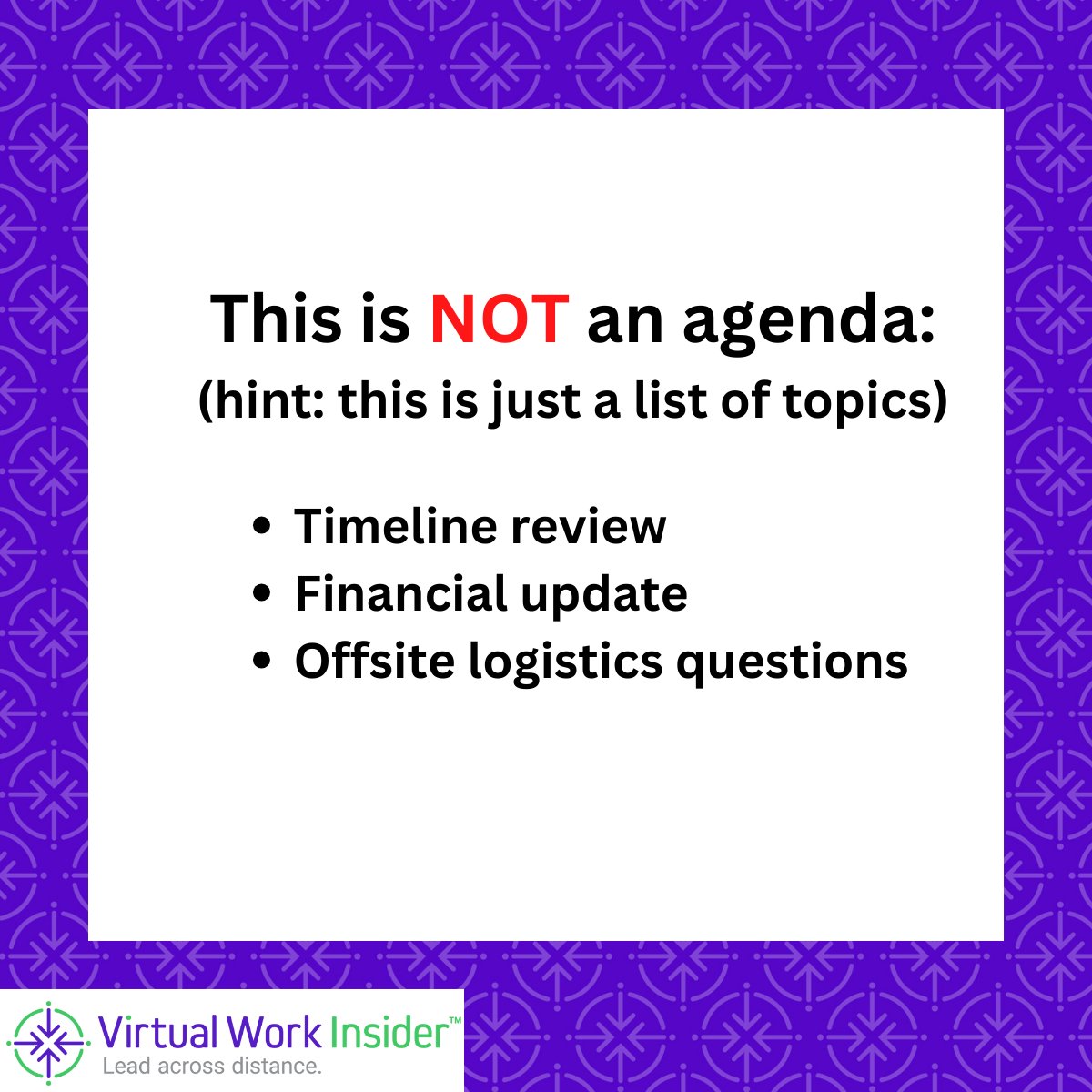 Some days it feels like I write meeting agendas for a living. It takes time & effort. But why bother? It honors people's time by getting to clear outcomes. It may result in getting info async instead. It can prompt a reschedule if participants aren't ready. #meetings