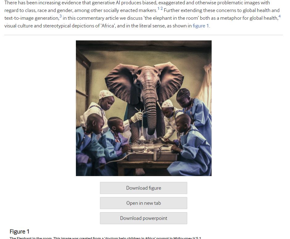 📢New @GlobalHealthBMJ article: The elephant in the room: reflecting on text-to-image generative AI and global health images By GLIDE Fellow Arsenii Alenichev with Patricia Kingori, @jonshaffer, Keon Peeters Grietens gh.bmj.com/content/9/4/e0… @bermaninstitute @Ethox_Centre