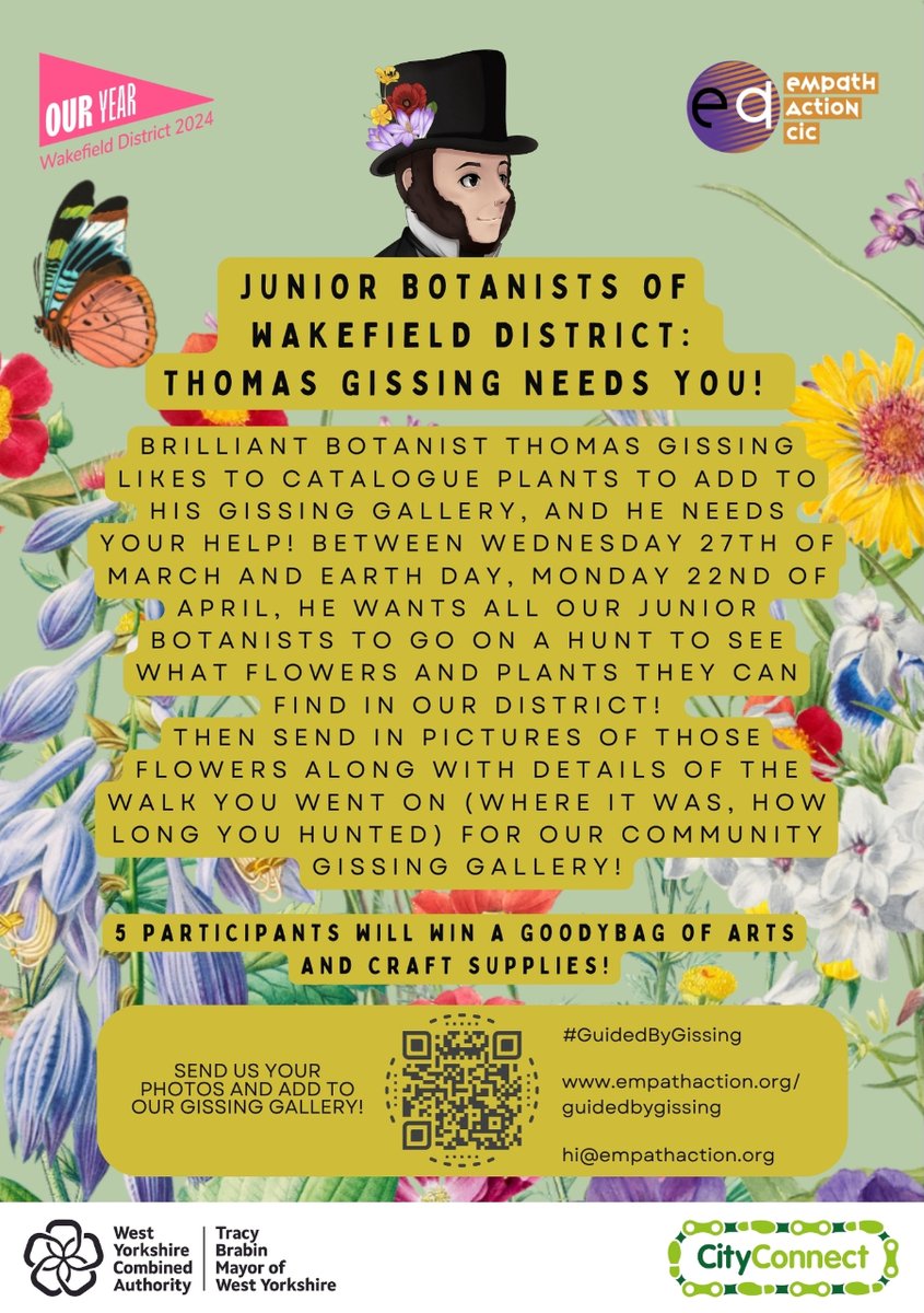 In the run up to Earth Day we're calling on junior botanists in our District to join Thomas Gissing & get flower spotting so we can create a catalogue of flowers and plants for a Wakefield District Gissing Gallery! (p1/2)