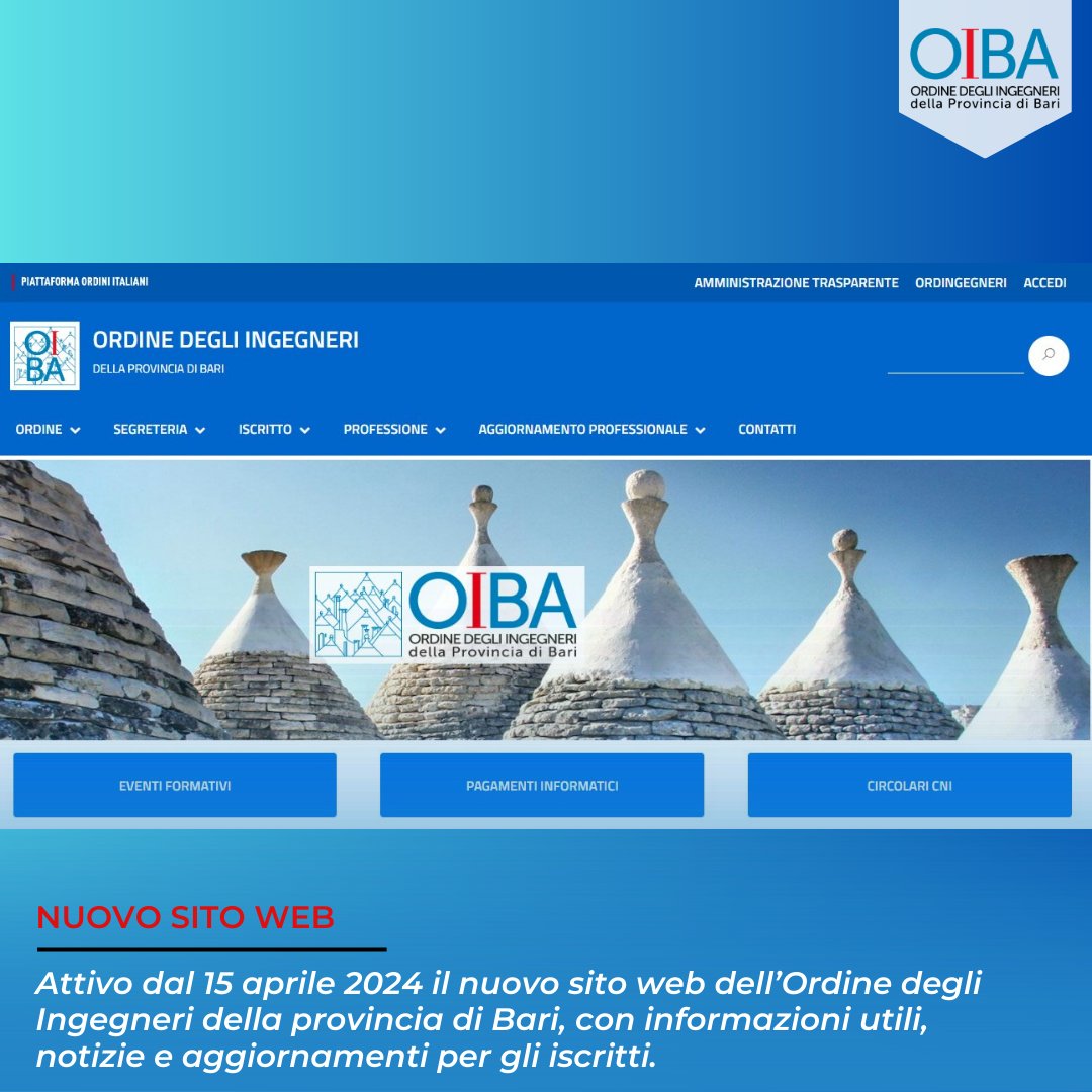 OrdIngBari's tweet photo. E' online da oggi, 15 aprile 2024, il nuovo sito web dell'Ordine degli Ingegneri della provincia di Bari.

Un portale completo di informazioni, notizie aggiornamenti utili per le #ingegnere e gli #ingegneri di #Bari.

Clicca su https://t.co/083dJZG41U https://t.co/4ZMDQKpW0G