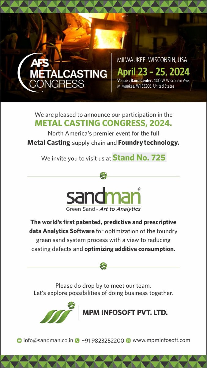 40 Years of excellence in foundry solutions personalised. We are at your service at Metal Casting Congress 2024, USA .

sandman.co.in | mpminfosoft.com
#AFS #MetalCasting #FoundryTechnology #DataAnalytics #AdditiveConsumption #CastIron