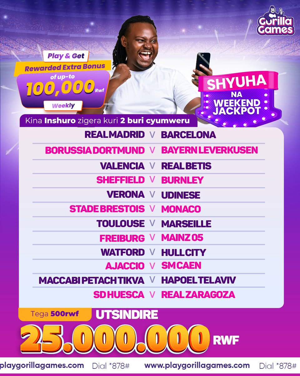 NTABWO USHYUSHYE? reka tukurabure! Hamwe na weekend jackpot uratsindira 25,000,000 Rw kubiceri 500 Rwf gusa ku mikino 12 iri muri shampiyona zikomeye nka La liga,Bundesliga n'izindi ikindi kandi wemerewe gutega inshuro zigera muri 2 zose. Akarusho n'uko uko ukinnye jackpot…