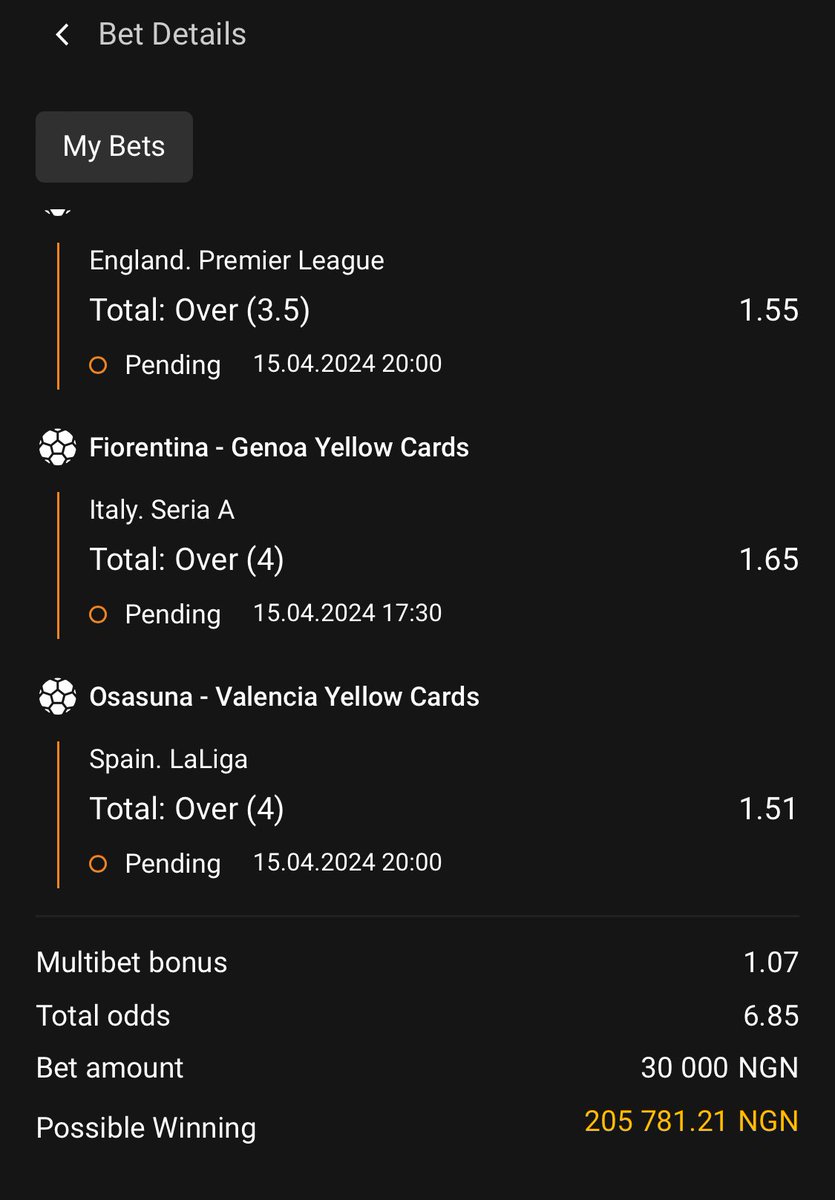 Total Yellow Cards - Over 3.5🔥 

Code - 9912576

Not on Melbet? Join today africa.melbet.ng/ITISPLENTY

Get up to 150,000 naira bonus.💰

Use the promo code:  ITISPLENTY